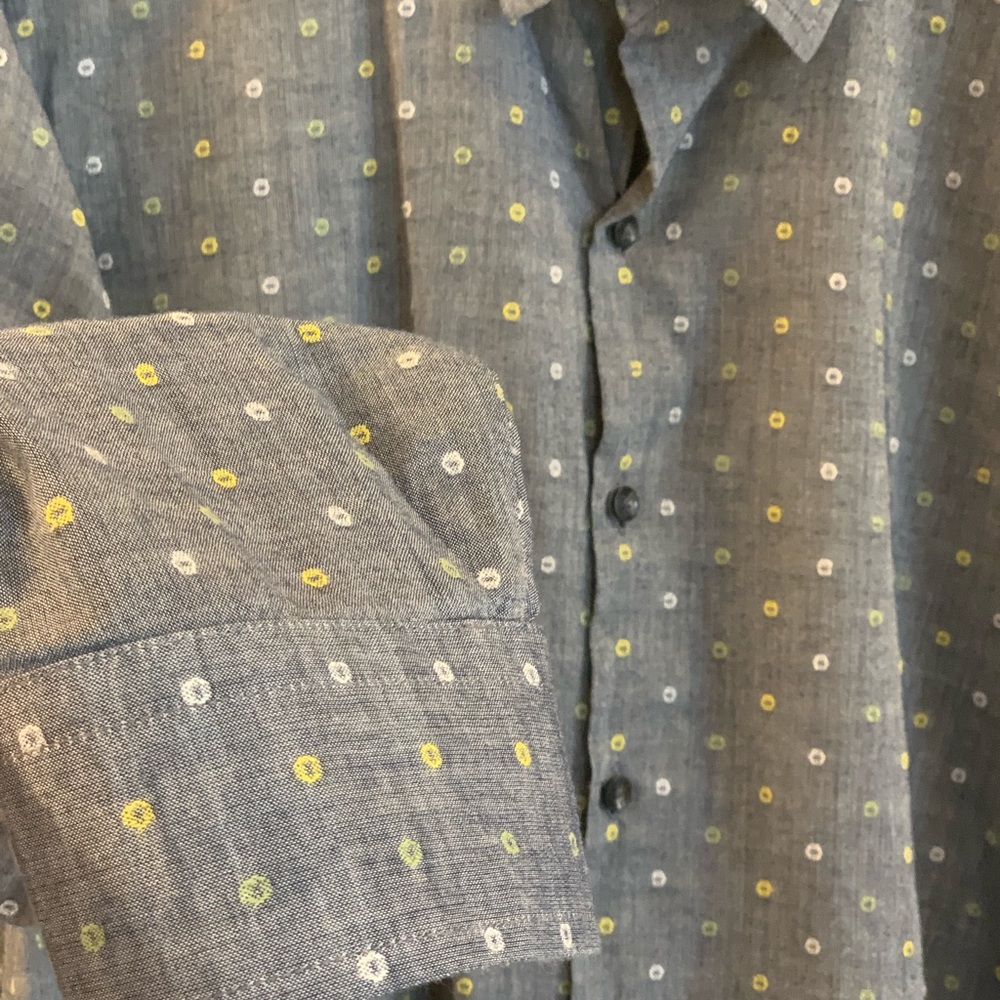 Cotton blue grey shirt yellow green woven dots 16 - Picture 7 of 8